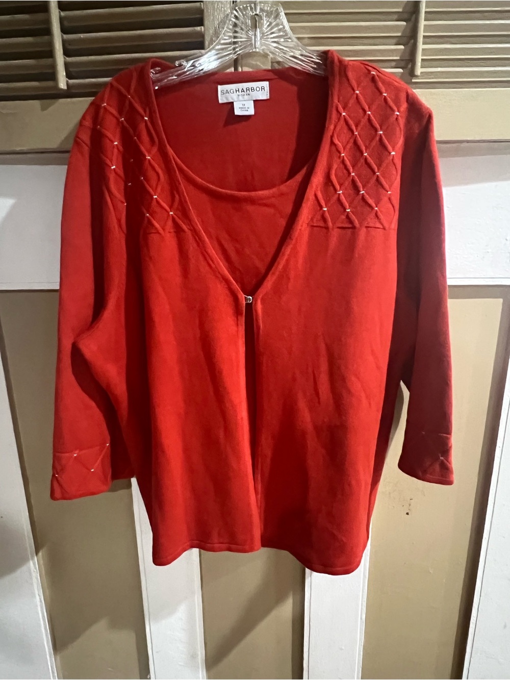 Sag Harbor Red V-Neck Pullover with Beaded Diamond Stitching plus size 1X